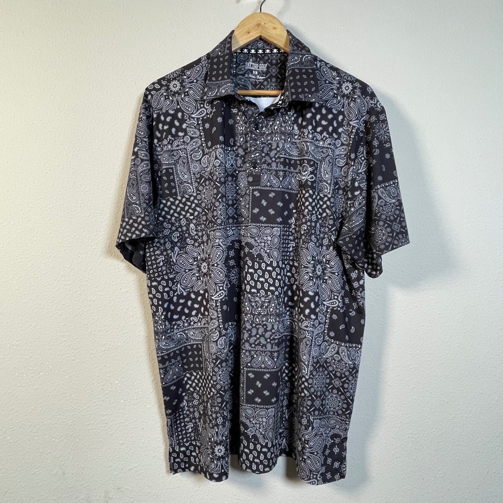 Tattoo Golf Hustler Collection Polo Mens XL Black White Paisley Bandana Skulls‎